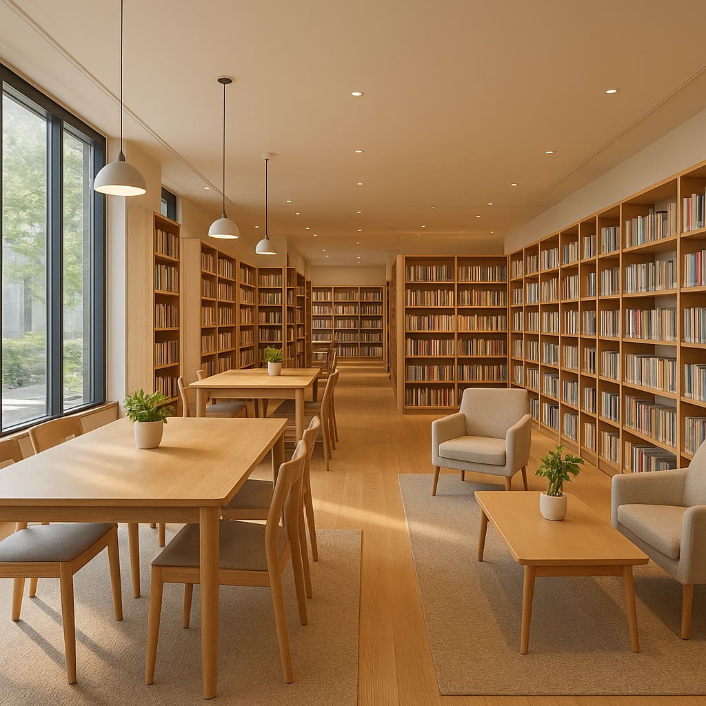 Heller moderner Buchladen mit Bibliotheksatmosphäre